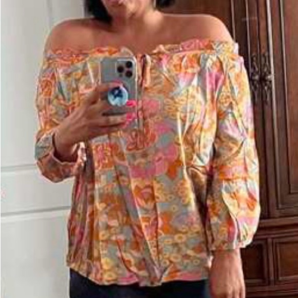 032 Boho Orange Floral Print Off Shoulder Blouse - Picture 7 of 7